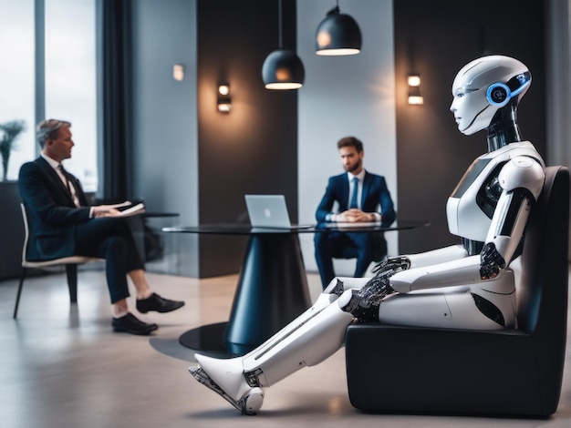 Robots de IA esperando una entrevista de trabajo. Tecnologías modernas, robots contra humanos, inteligencia artificial, redes neuronales.