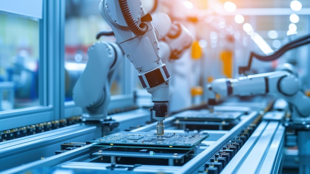 Los robots de IA trabajan sincrónicamente en una línea de ensamblaje