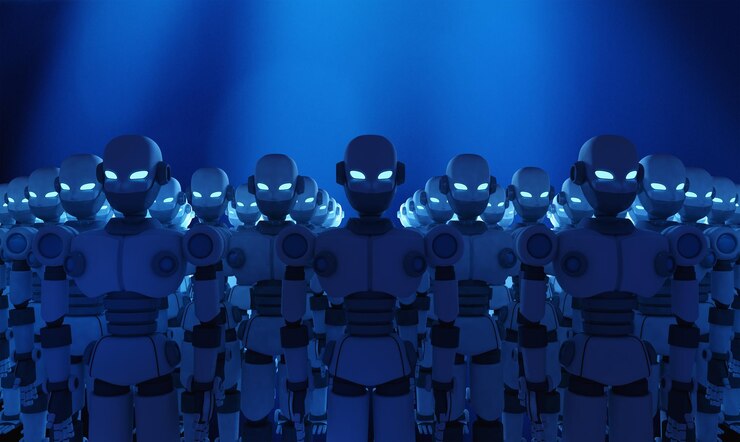 Foto robots iluminados contra un fondo azul