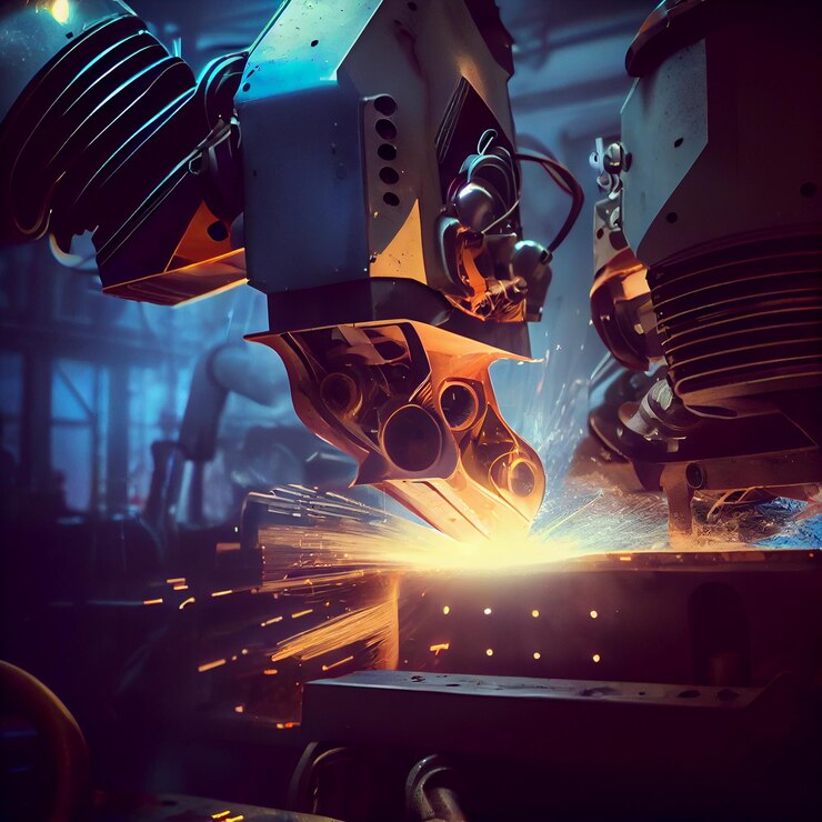 Los robots industriales están soldando piezas de automóviles en fábrica gwnwrative ai