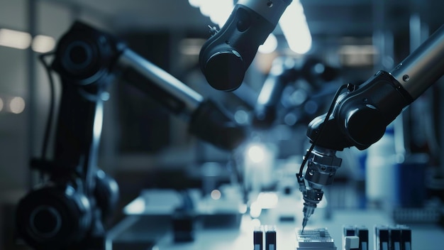 Los robots industriales en la línea de ensamblaje trabajan con precisión la sinergia de la automatización
