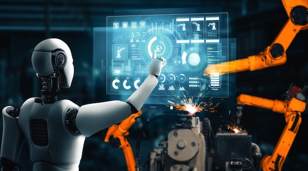 Robots industriales mecanizados y brazos robóticos para el ensamblaje en la producción de fábricas