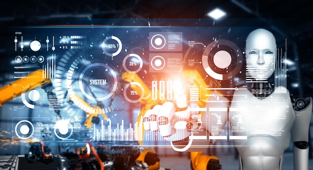 Robots industriales mecanizados y brazos robóticos para el ensamblaje en la producción de fábricas