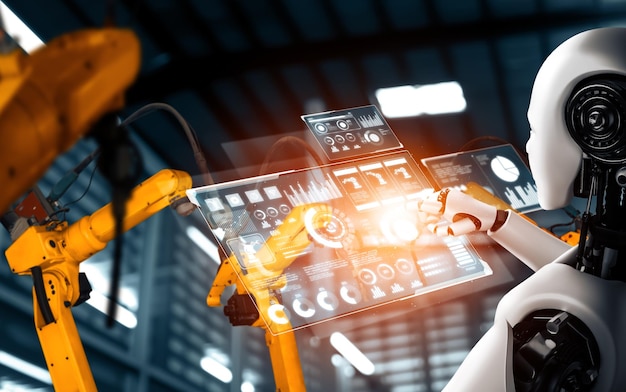Robots industriales mecanizados y brazos robóticos para el ensamblaje en la producción de fábricas