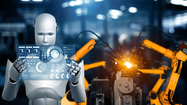 Robots industriales mecanizados y brazos robóticos para el ensamblaje en la producción de fábricas