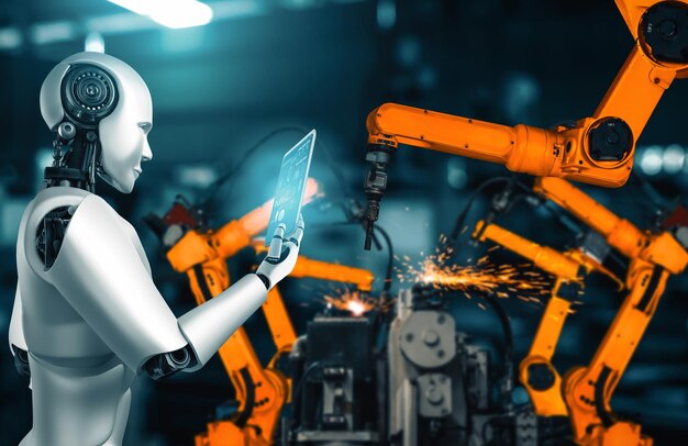 Robots industriales mecanizados y brazos robóticos para el ensamblaje en la producción de fábricas