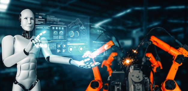 Robots industriales mecanizados y brazos robóticos para el ensamblaje en la producción de fábricas