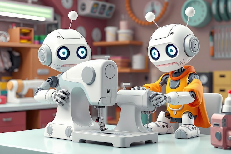 Foto robots lindos que operan una máquina de coser