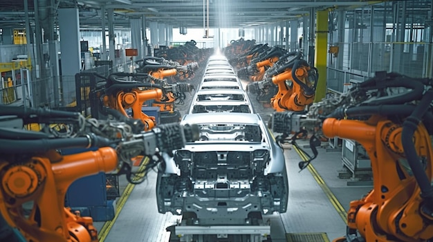 Robots en una línea de montaje en una fábrica