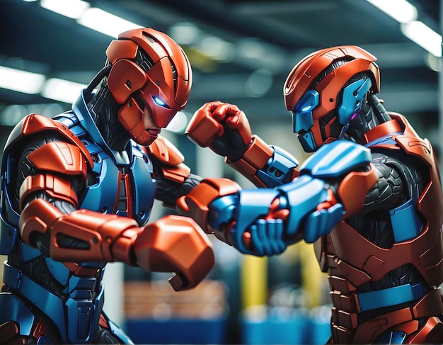Robots lutando de boxe em luvas de boxe conceito de inteligência artificial um fundo de luta de ciborgues