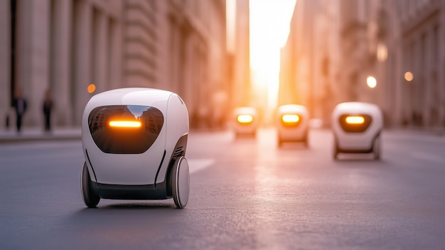 Robots navegando por las calles de la ciudad al atardecer
