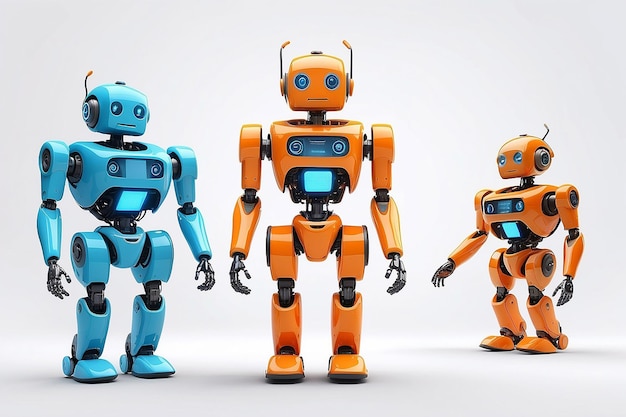Robots pequeños con rostro humanoide y cuerpo Inteligencia Artificial AI Robots naranjas y azules aislados sobre fondo blanco