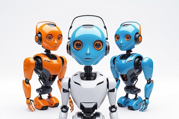 Robots pequeños con rostro humanoide y cuerpo Inteligencia Artificial AI Robots naranjas y azules aislados sobre fondo blanco