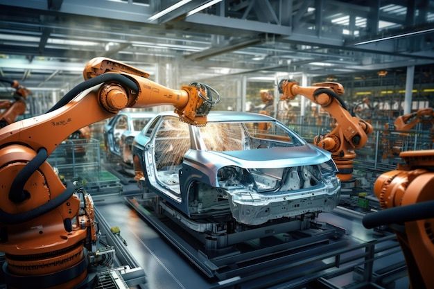 Foto robots que ensamblan un automóvil en una fábrica automotriz moderna