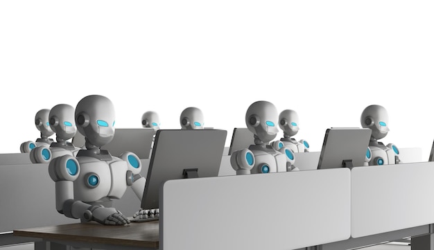 Robots que usan computadoras contra un fondo blanco