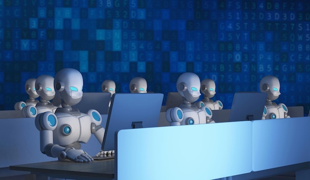 Robots que usan computadoras contra un fondo blanco