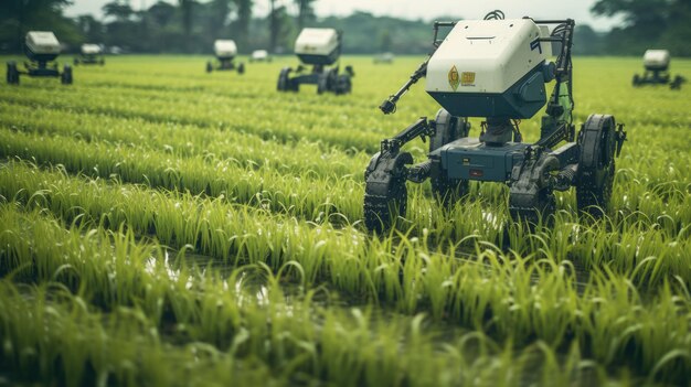 Robots realistas cultivando los campos de arroz