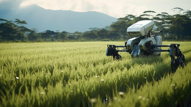 Foto robots realistas cultivando los campos de arroz