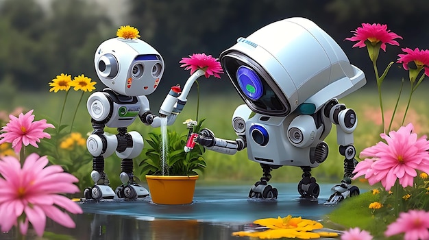 Foto robots regando flores generados por la ia