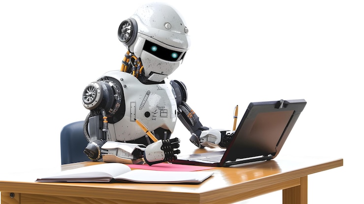 Foto robots en la sala de la escuela estudiando como estudiantes aislados en fondo blanco fotografía de estudio