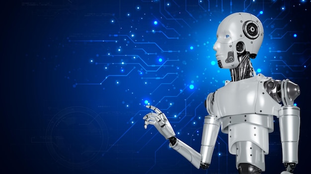 Los robots son asistentes para proporcionar acceso al crecimiento de datos de negocios en la red en línea Aplicación de robot y conexión global AI Inteligencia artificial