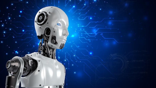Los robots son asistentes para proporcionar acceso al crecimiento de datos de negocios en la red en línea Aplicación de robot y conexión global AI Inteligencia artificial