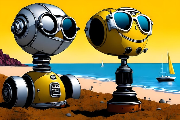 Robots surrealistas junto al mar