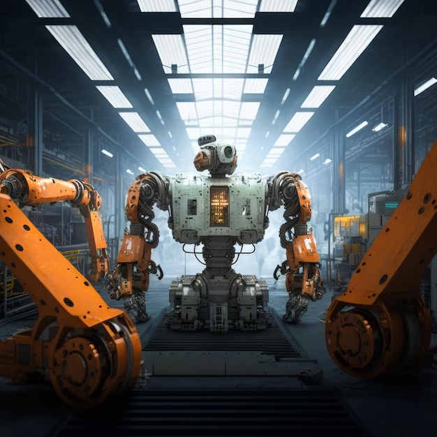 Robots trabajando en una fábrica industrial IA generativa