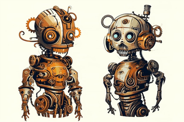 Robots victorianos con engranajes y ruedas dentadas.