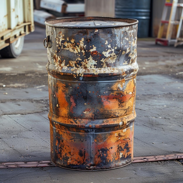 Foto un robusto barril de metal sirve como cubo de basura para mostrar el estilo industrial para las redes sociales