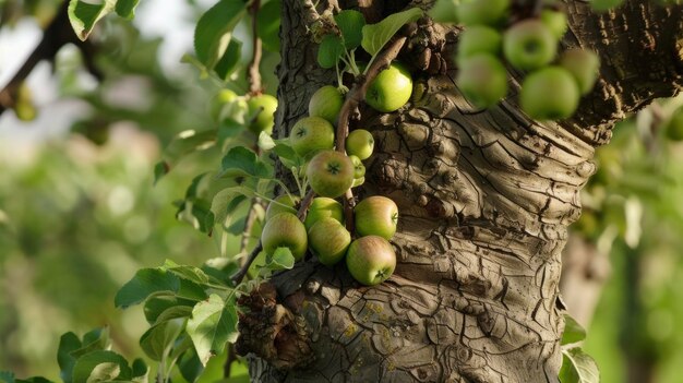 Foto el robusto tronco cubierto de corteza de un árbol de manzana sy con una rama enroscada que lleva docenas de pequeñas hojas verdes