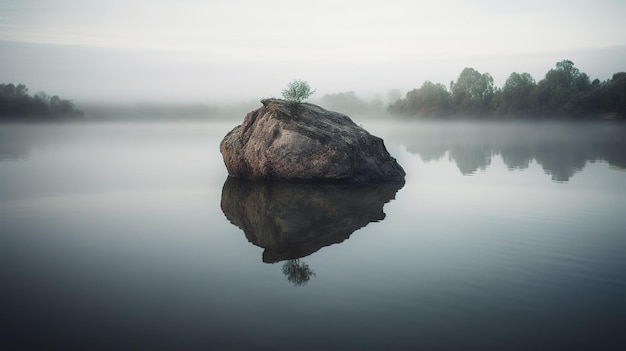 Una roca en el agua con árboles en el agua.