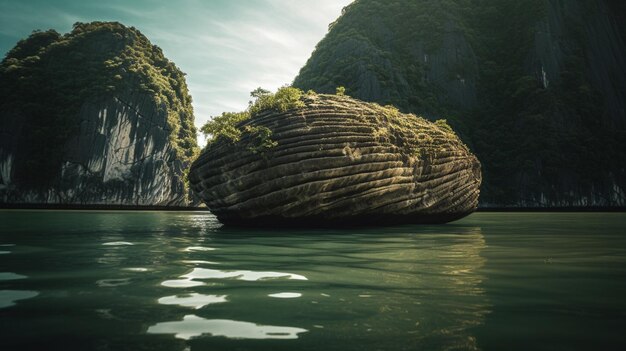 Una roca en el agua con una montaña al fondo