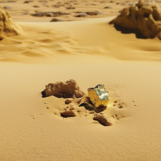 Foto una roca en la arena tiene una piedra amarilla.