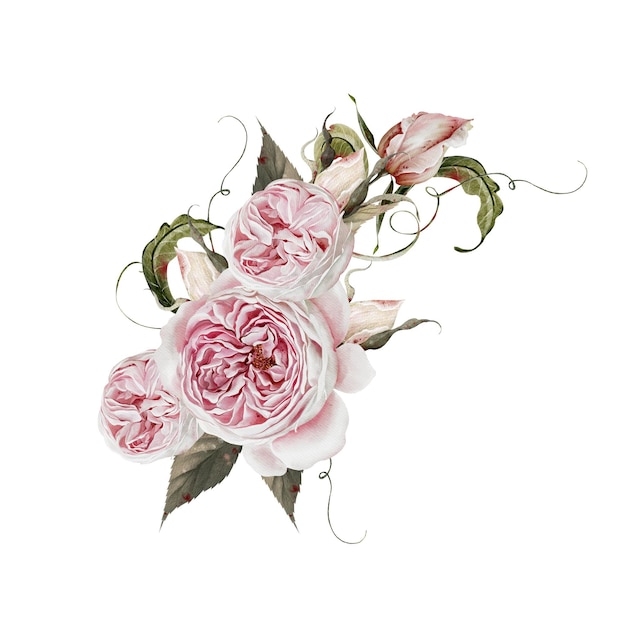 Roca de boda en acuarela con rosas, flores y hojas