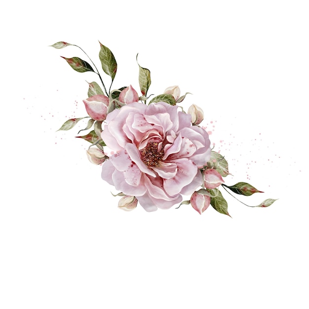 Roca de boda en acuarela con rosas, flores y hojas
