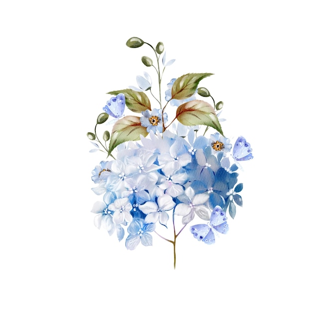 Roca de bodas en acuarela con hortensia y hojas