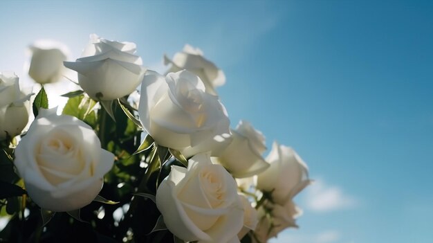 Roca de bodas de rosas blancas en el sol contra el cielo azul Maqueta de pancarta de encabezado con espacio de copia generada por IA