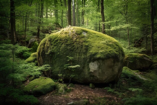 Roca cubierta de musgo en el bosque rodeada de vegetación