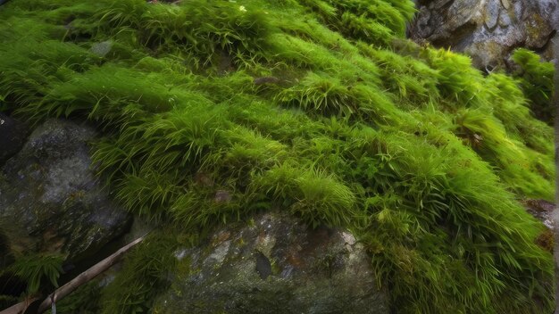 una roca cubierta de musgo con una roca en el fondo