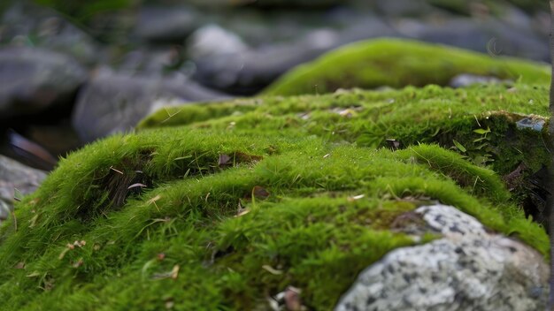 una roca cubierta de musgo verde con una roca en primer plano