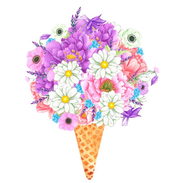 Foto roca de flores de acuarela dibujada a mano en cono de helado aislado sobre fondo blanco se puede usar para etiquetas de postales y otros productos impresos