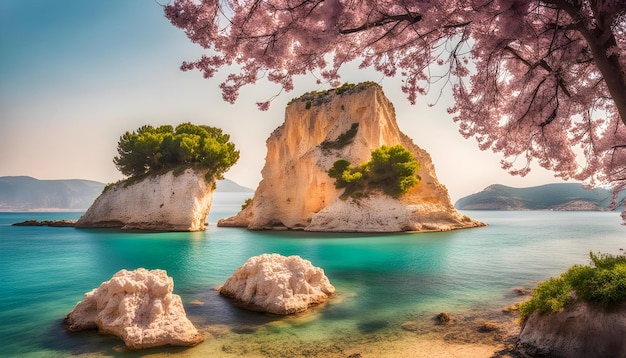 una roca con flores rosas en ella y un árbol en el agua