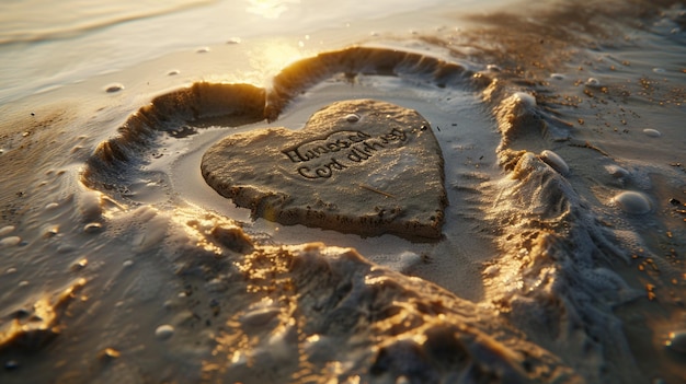 Roca en forma de corazón con las iniciales de las parejas talladas en la playa de arena