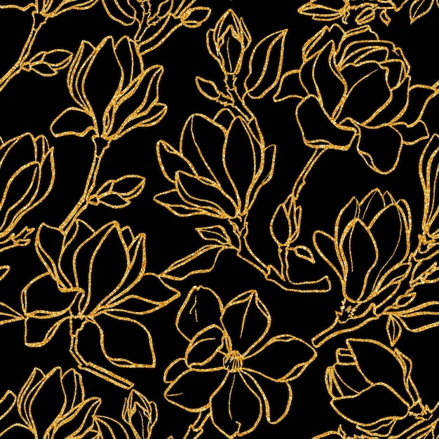 Roca de magnolia de acuarela y patrón sin costuras dorado sobre fondo negro Flor de lujo para tarjeta