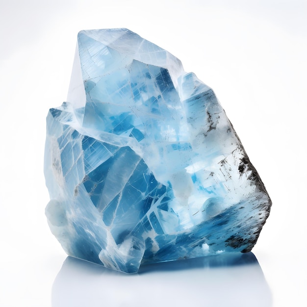 Una roca mineral de calcita azul está sentada sobre una superficie blanca