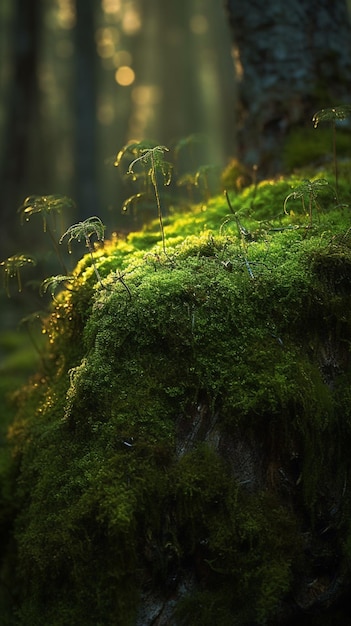 Una roca musgosa con una planta que crece fuera de ella