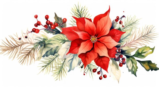 Roca de Navidad de acuarela con ramas y bayas de abeto de poinsettia Ilustración pintada a mano aislada en fondo blanco IA generativa