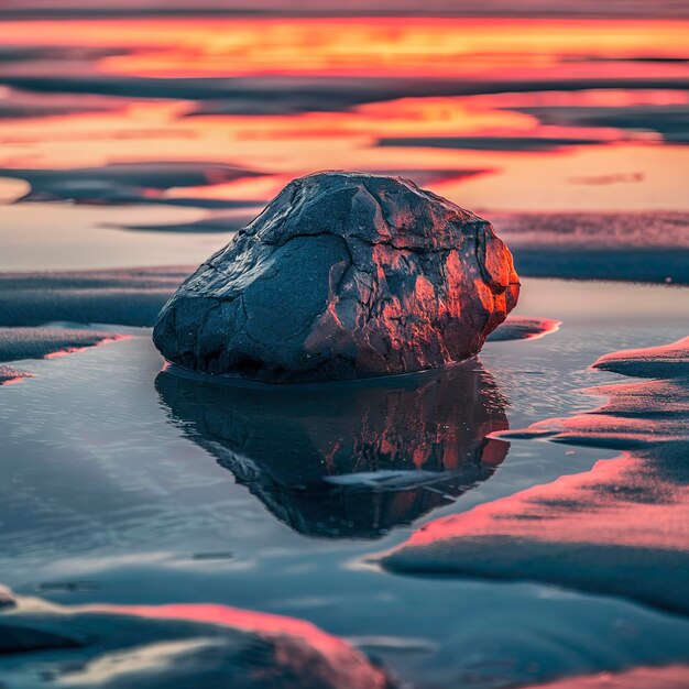 roca en la playa y el reflejo de la puesta de sol