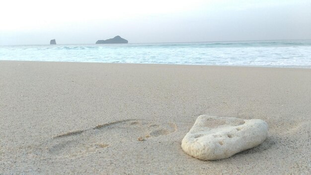 Una roca en la playa con una roca en la arena